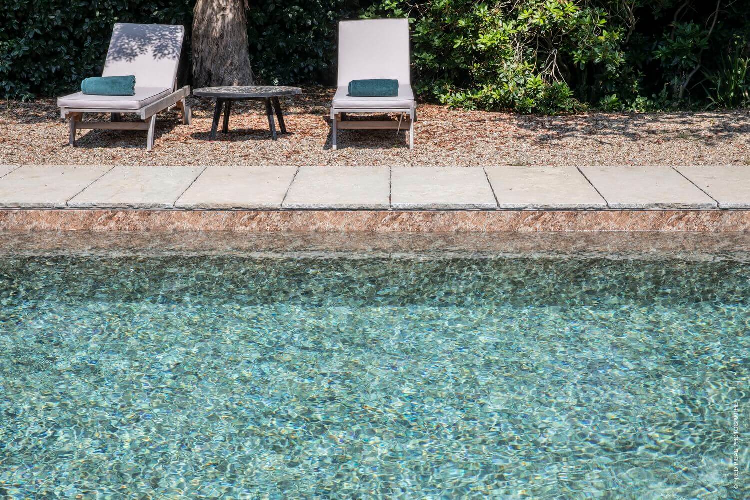 Deux chaises longues près d'une piscine avec un arbre et des buissons en arrière-plan.